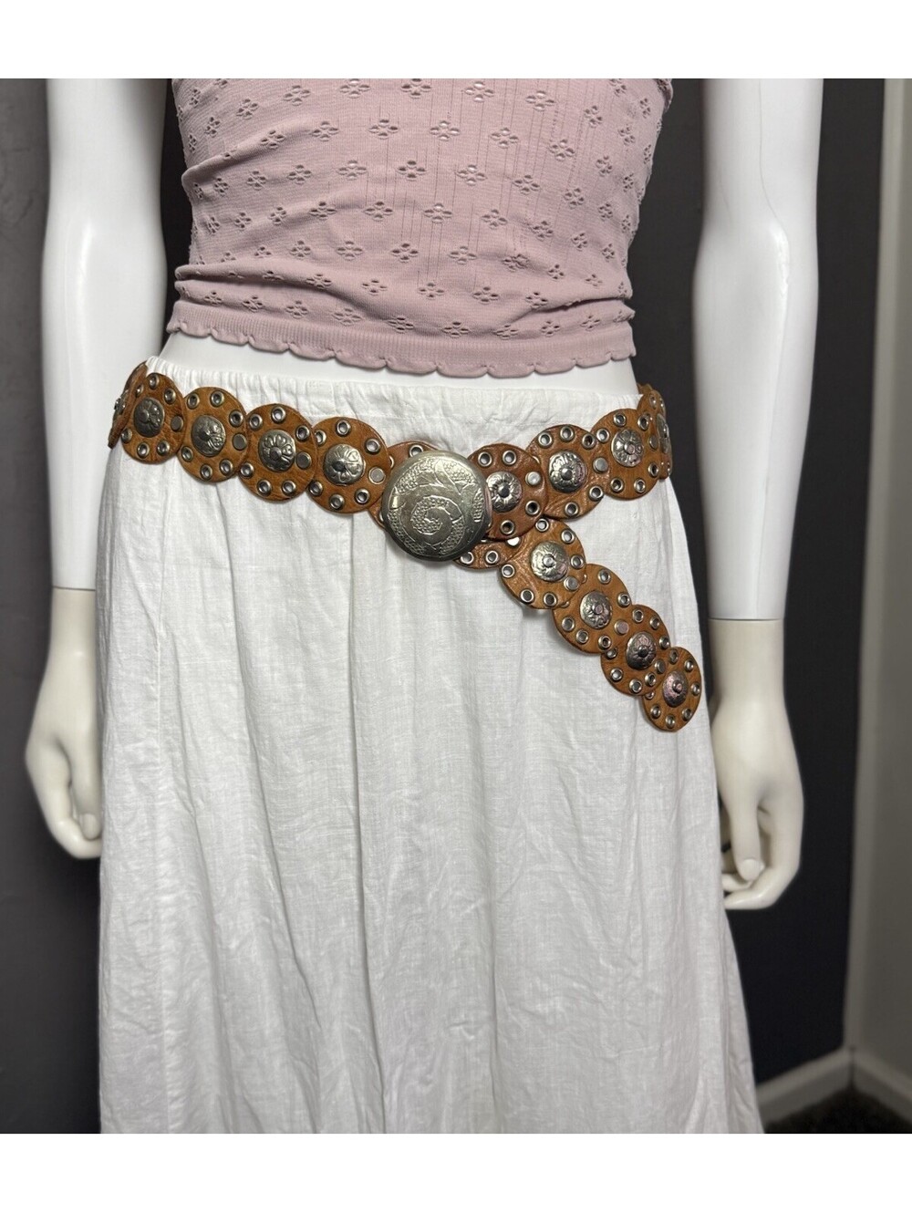 Free People Baby Follow Your Arrow Tan Leather Disc Belt One Size - Picture 5 of 13